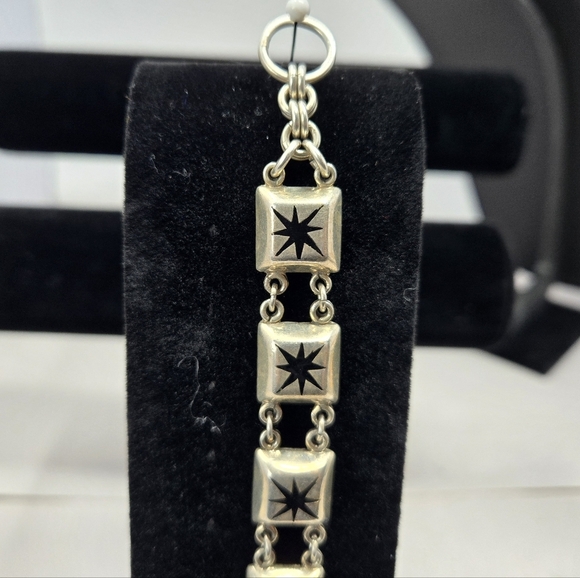 Taxco Mexico 925 Vintage Sterling Silver Strength Black Onyx Star Link Bracelet - Picture 2 of 9